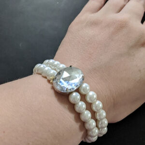 Silver Tone Faux Pearl Rhinestone Double Strand Stretchy Statement Bracelet
